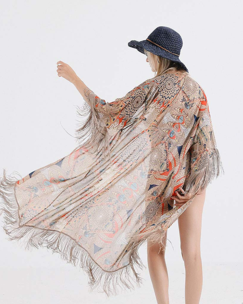 Fabielle Women's Chiffon Kimono – Boho Floral Tassel Beach Cover-Up Cardigan