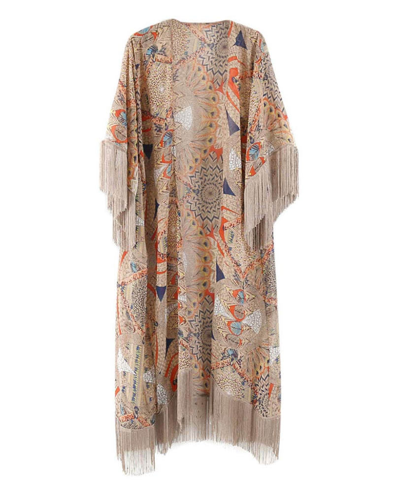 Fabielle Women's Chiffon Kimono – Boho Floral Tassel Beach Cover-Up Cardigan