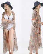 Fabielle Women's Chiffon Kimono – Boho Floral Tassel Beach Cover-Up Cardigan