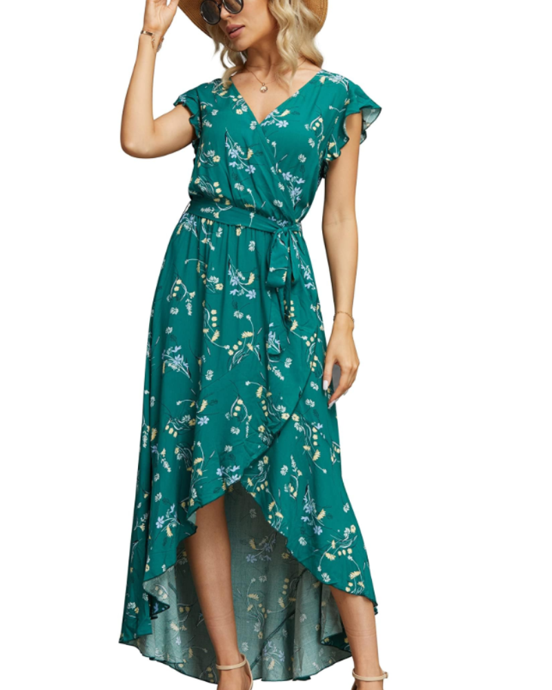 Floralynn Women's Floral Wrap Dress – V-Neck Boho High-Low Summer Party Dress