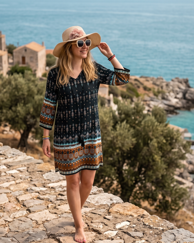 Aria Women’s Boho Tunic Dress – Floral V-Neck Beach Dress with Tassel Detail