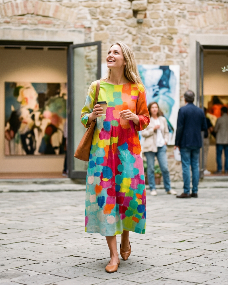 Seraphine Women's Artistic Maxi Dress – Colourful Print Relaxed Summer Dress