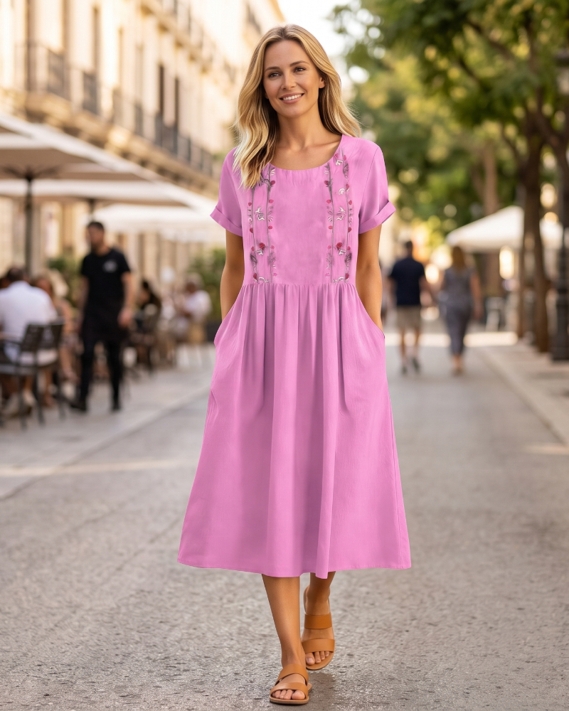 Eliana Women’s Embroidered Midi Dress – Cotton Linen A-Line Dress with Pockets