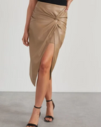 Celandine Women's Faux Leather Midi Skirt – High Waist Asymmetric Wrap Skirt