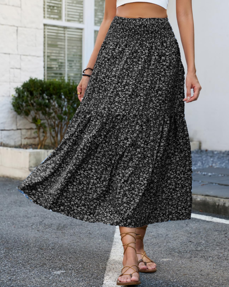 Juliette Women's Floral Midi Skirt – High Waist Ruffle Flowy Summer Skirt