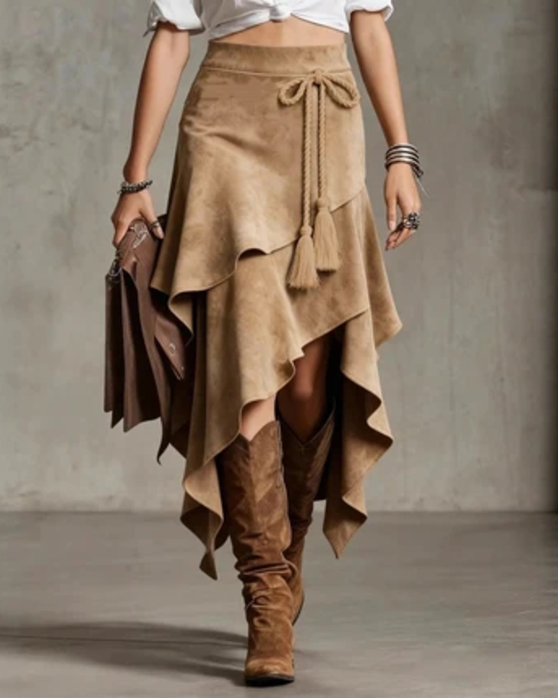Rosamund Women's Wrap Skirt – Faux Suede High Waist Asymmetric Midi Skirt