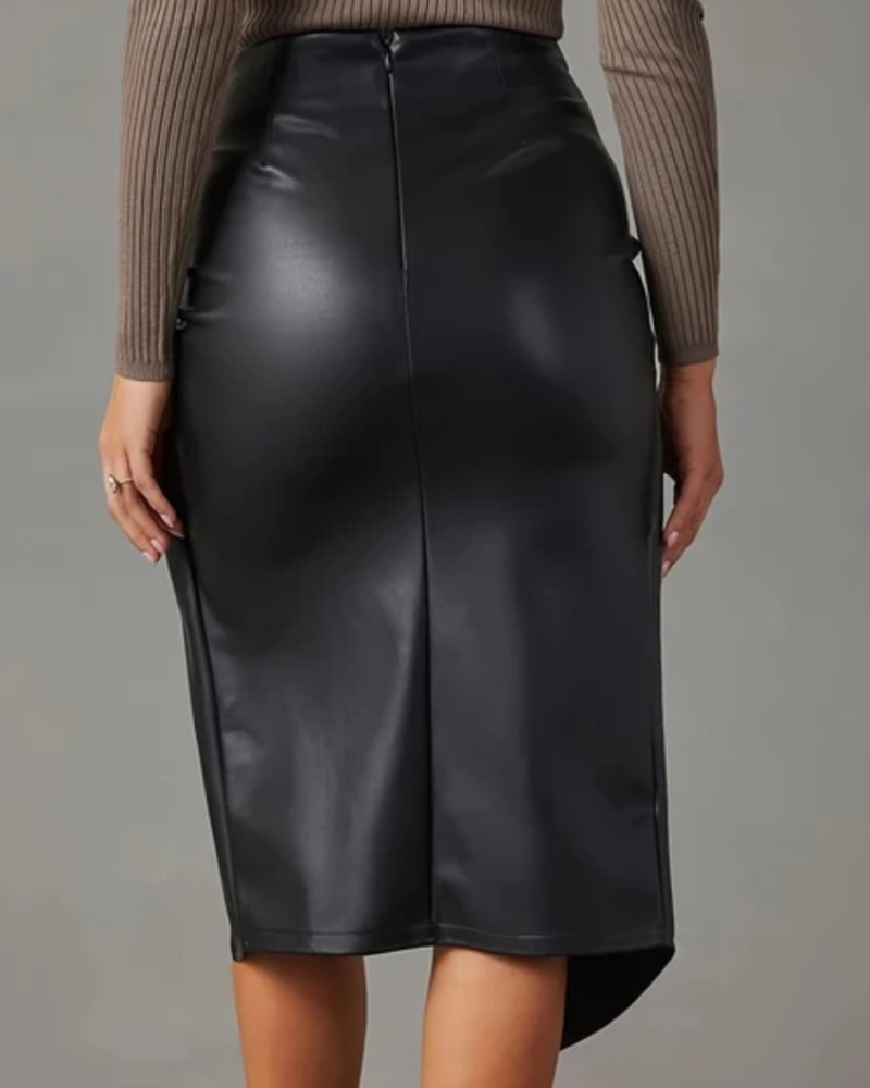 Celandine Women's Faux Leather Midi Skirt – High Waist Asymmetric Wrap Skirt