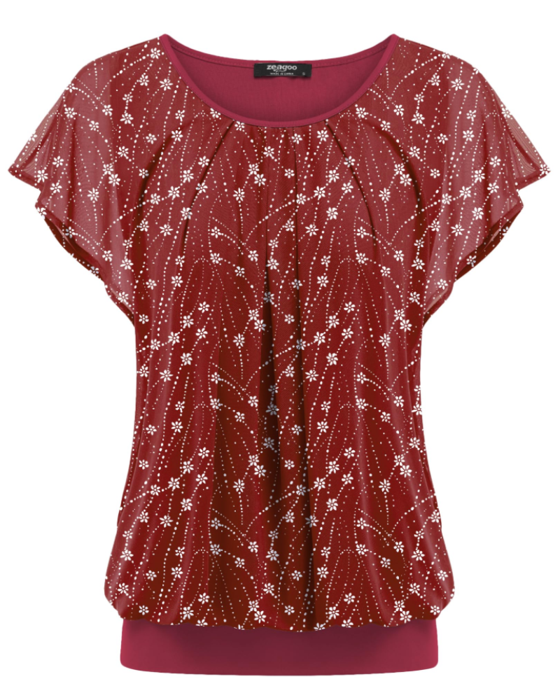 Sophia Women's Double Layer Blouse – Batwing Sleeve Mesh Tunic Top
