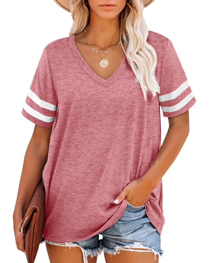 Chloe Women's V-Neck T-Shirt – Striped Sleeve Loose Fit Summer Top