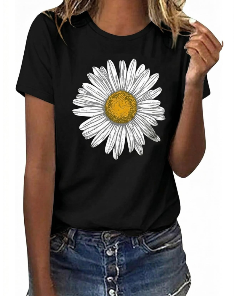 Bella Women's Cotton Graphic T-Shirt – Sunflower Daisy Print Summer Top