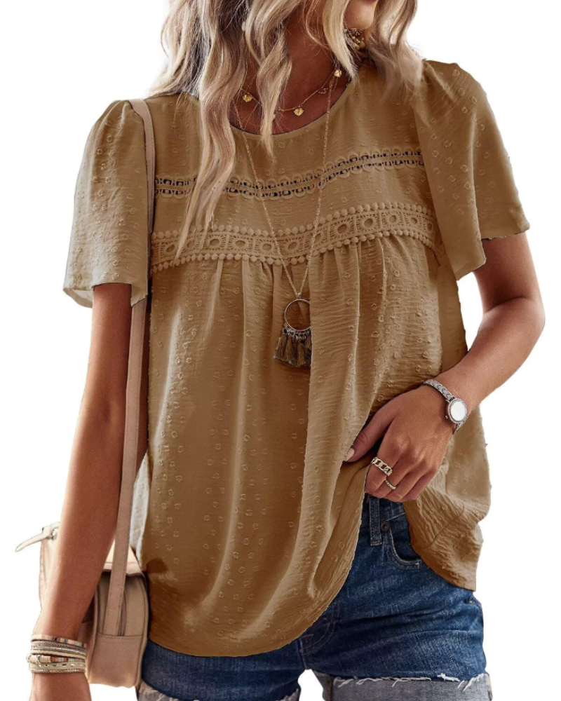 Grace Women's Boho Blouse – Lace Short Sleeve Round Neck Summer Tunic
