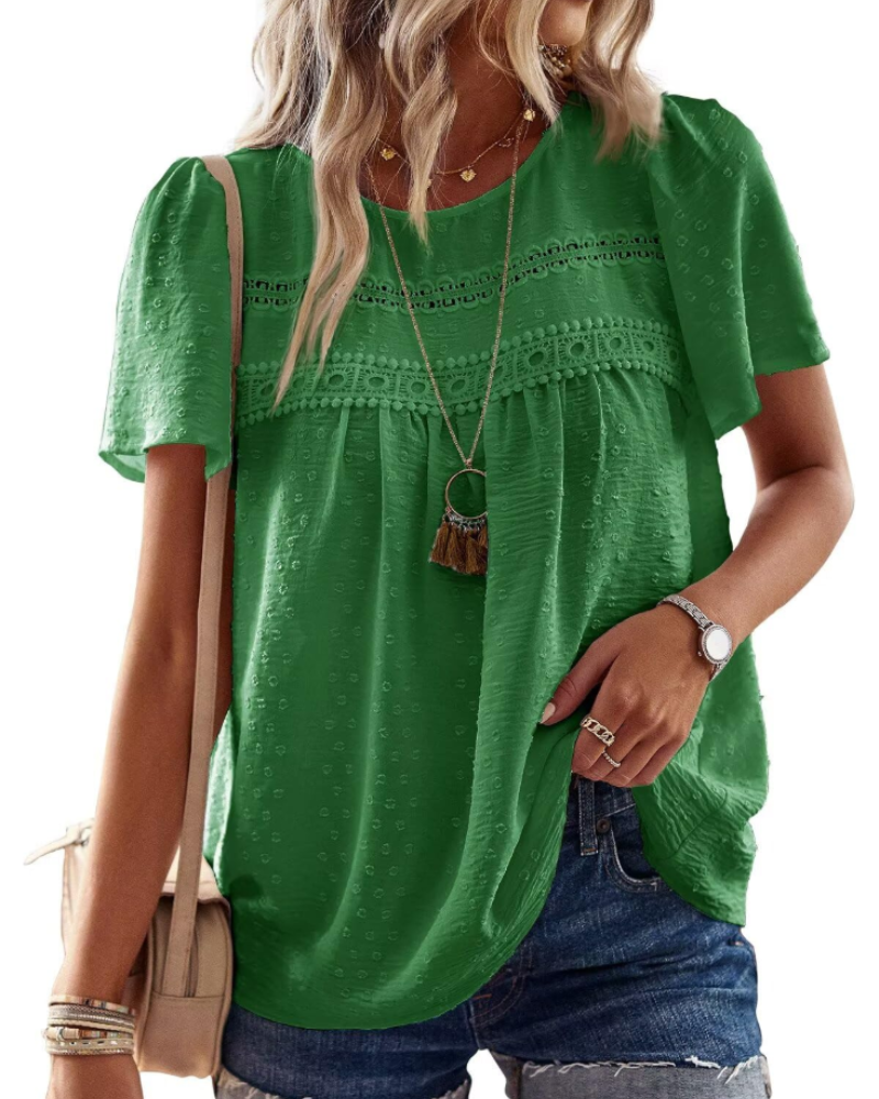 Grace Women's Boho Blouse – Lace Short Sleeve Round Neck Summer Tunic