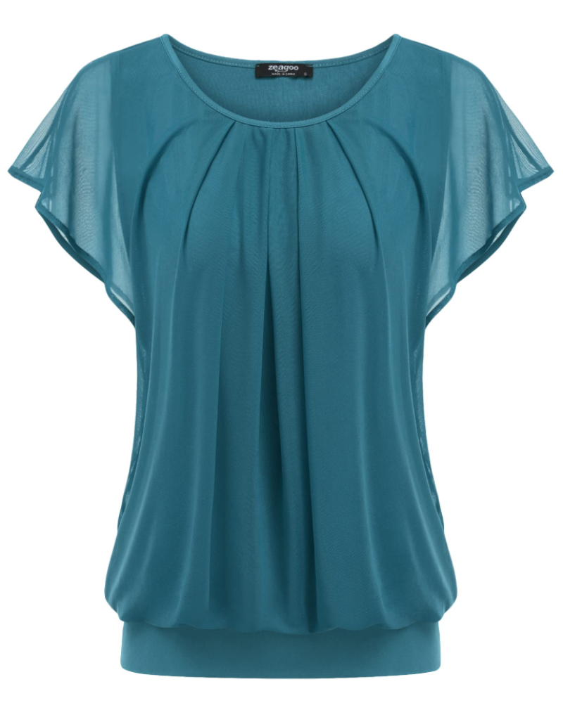 Sophia Women's Double Layer Blouse – Batwing Sleeve Mesh Tunic Top
