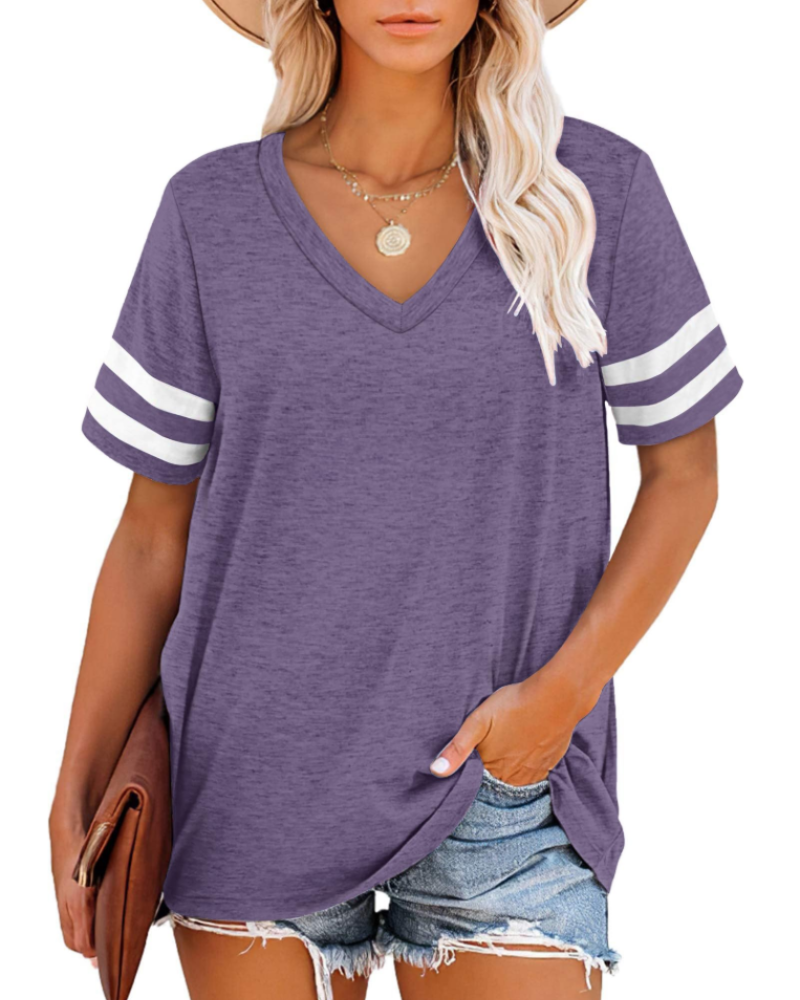 Chloe Women's V-Neck T-Shirt – Striped Sleeve Loose Fit Summer Top
