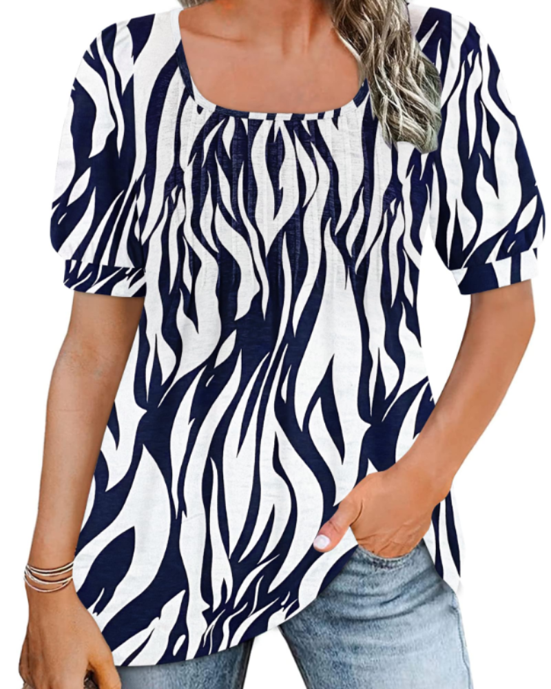 Olivia Women's Square Neck Tunic Top – Pleated Puff Sleeve Summer Blouse