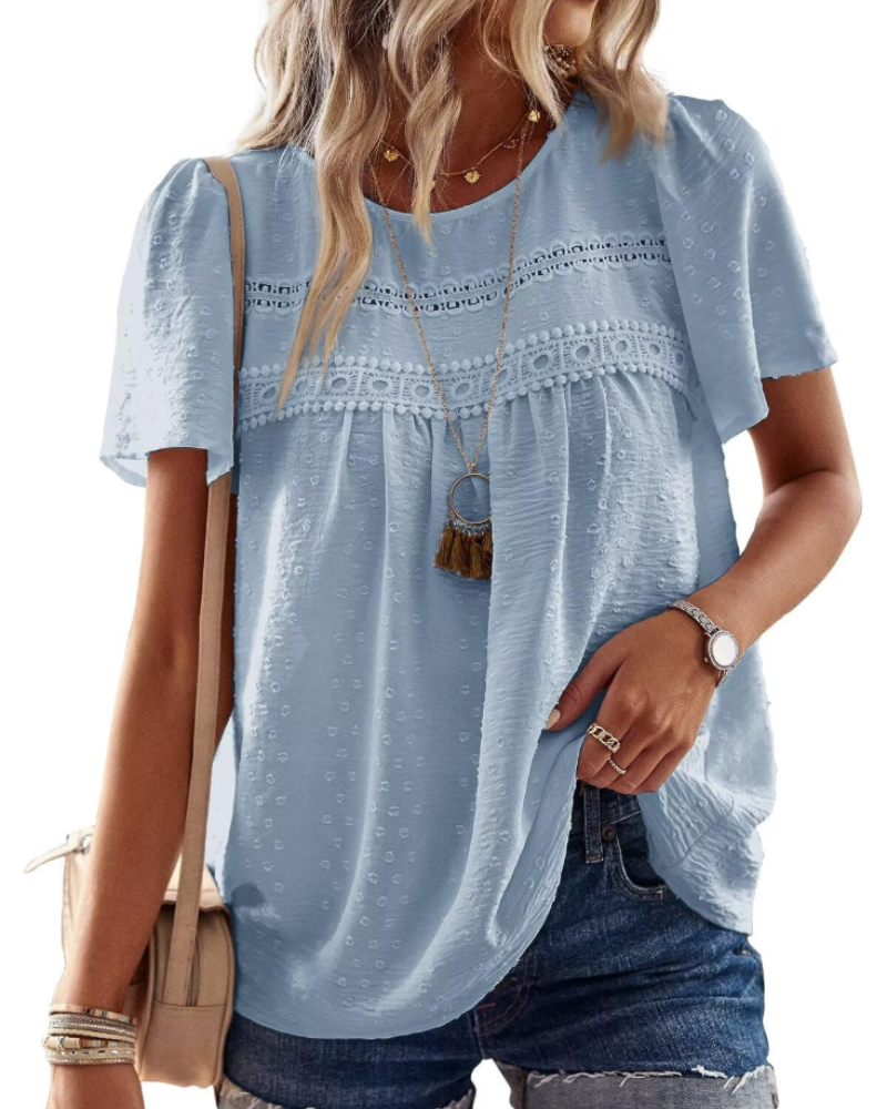Grace Women's Boho Blouse – Lace Short Sleeve Round Neck Summer Tunic
