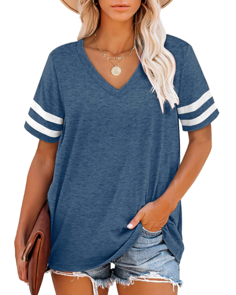 Chloe Women's V-Neck T-Shirt – Striped Sleeve Loose Fit Summer Top