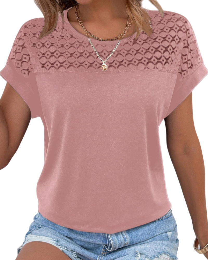 Emily Women's Lace T-Shirt – Elegant Round Neck Short Sleeve Summer Top