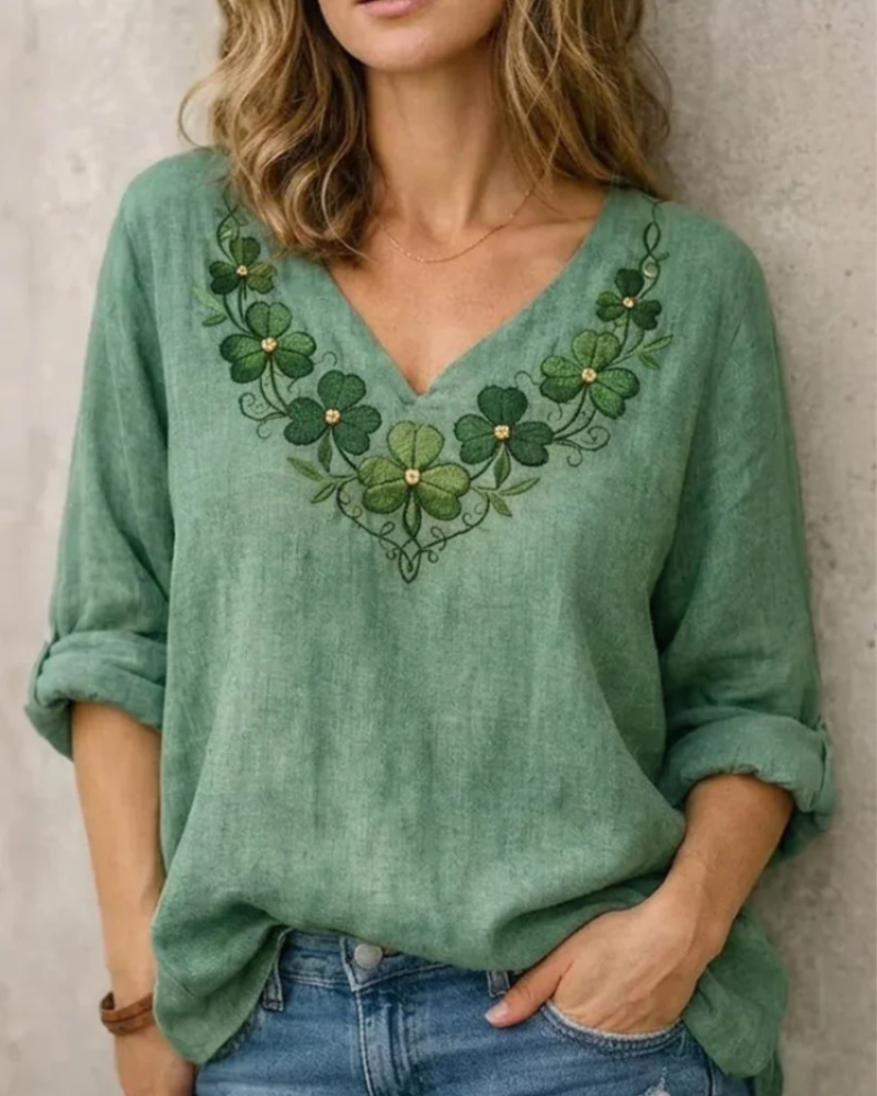 Felicity Women's Embroidered Blouse – Long Sleeve V-Neck Smart Casual Top