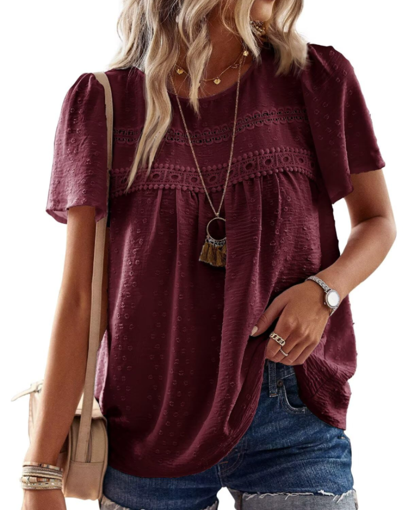 Grace Women's Boho Blouse – Lace Short Sleeve Round Neck Summer Tunic