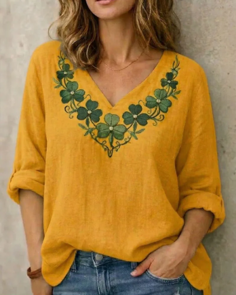 Felicity Women's Embroidered Blouse – Long Sleeve V-Neck Smart Casual Top