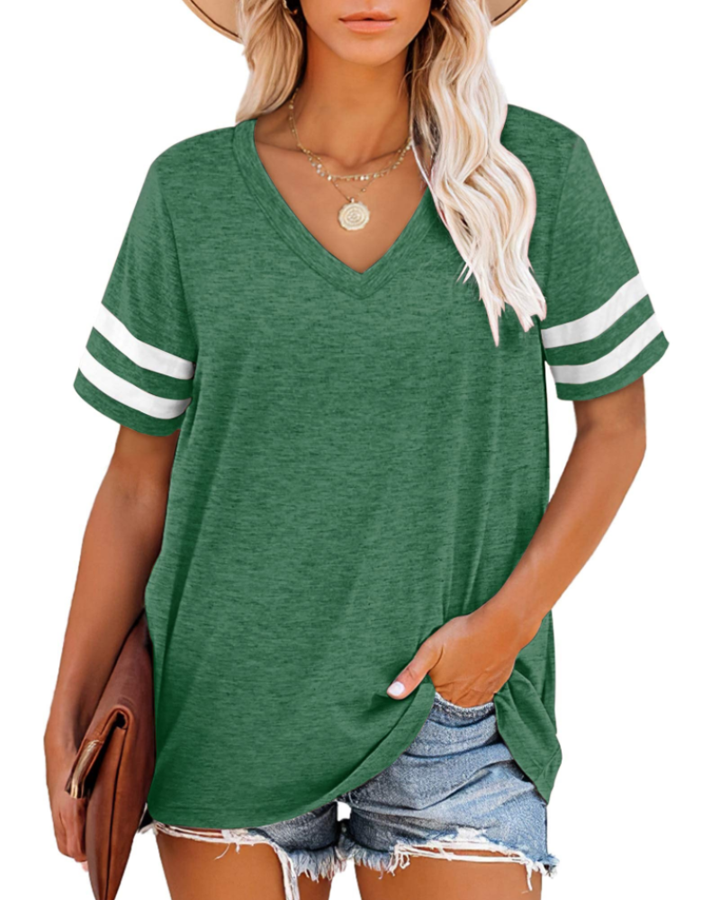 Chloe Women's V-Neck T-Shirt – Striped Sleeve Loose Fit Summer Top