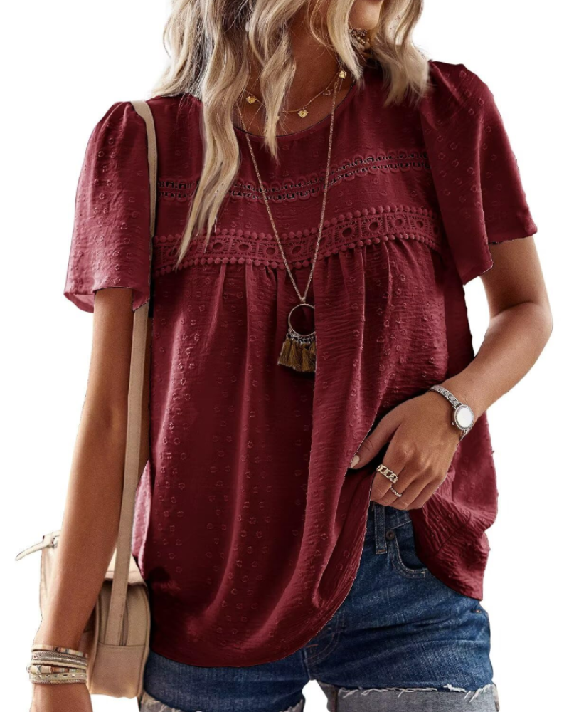Grace Women's Boho Blouse – Lace Short Sleeve Round Neck Summer Tunic