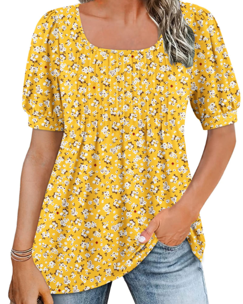 Olivia Women's Square Neck Tunic Top – Pleated Puff Sleeve Summer Blouse