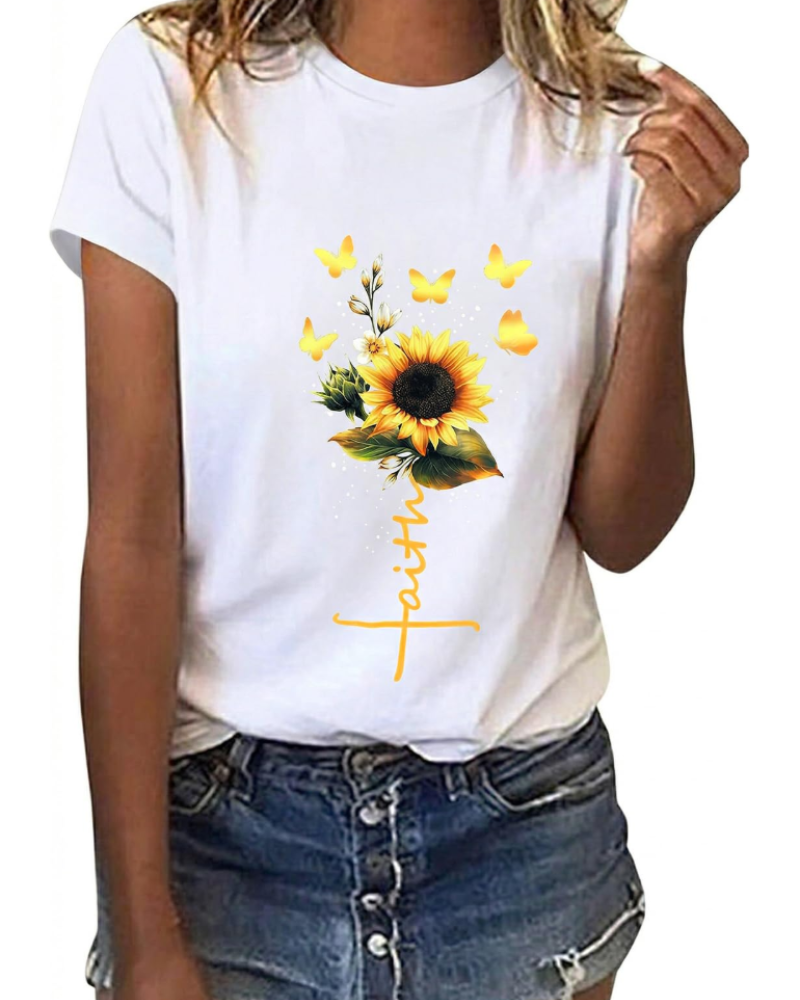 Bella Women's Cotton Graphic T-Shirt – Sunflower Daisy Print Summer Top