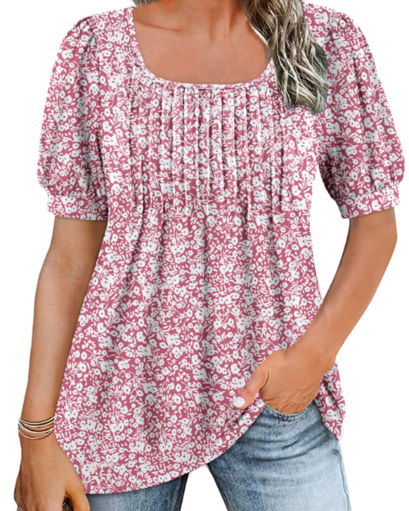 Olivia Women's Square Neck Tunic Top – Pleated Puff Sleeve Summer Blouse