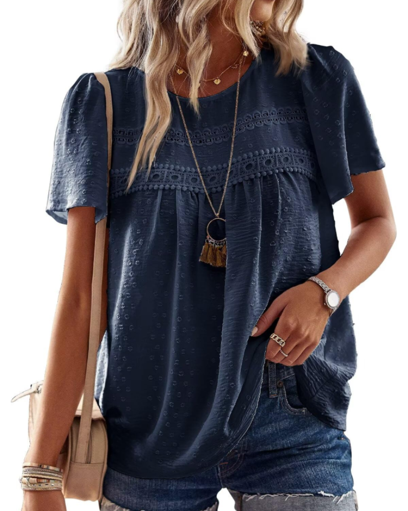 Grace Women's Boho Blouse – Lace Short Sleeve Round Neck Summer Tunic