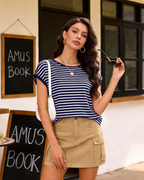 Brielle Women's Striped T-Shirt – Loose Fit Crew Neck Summer Casual Top