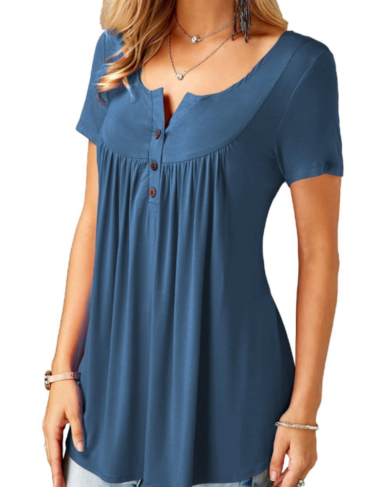 Sophia Women's V-Neck Tunic Top – Button Detail Loose Fit Summer Blouse