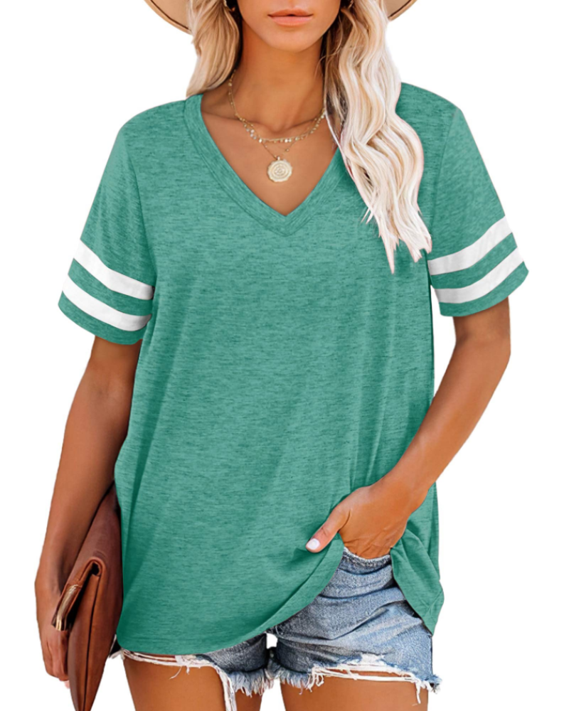 Chloe Women's V-Neck T-Shirt – Striped Sleeve Loose Fit Summer Top