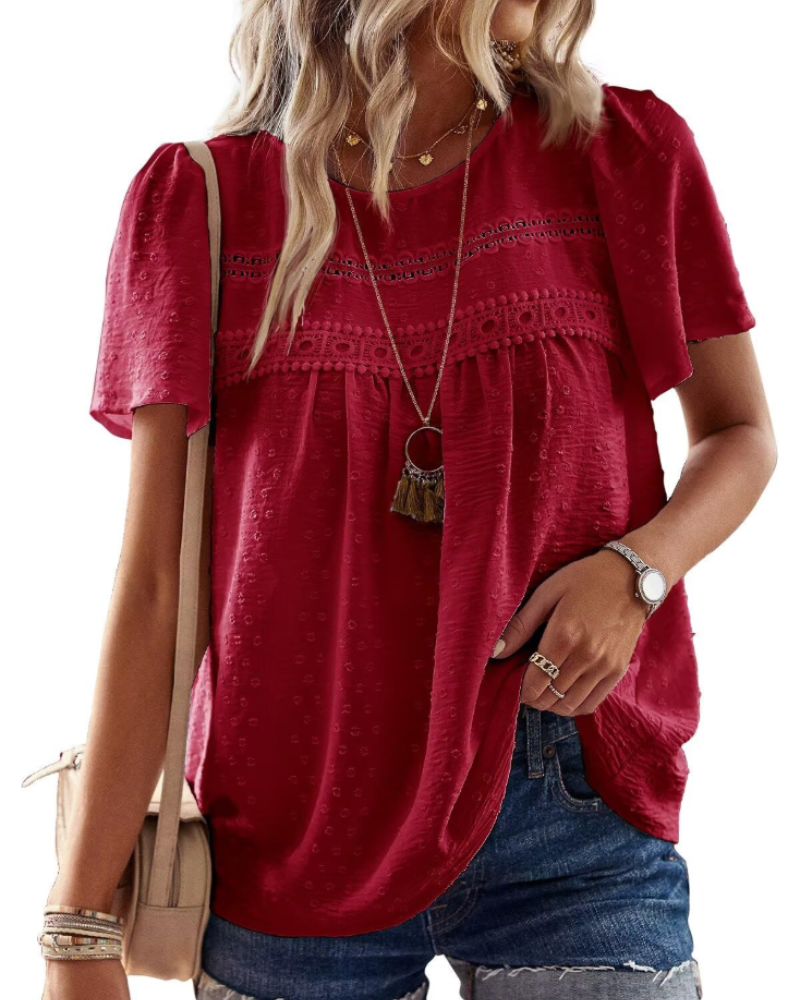 Grace Women's Boho Blouse – Lace Short Sleeve Round Neck Summer Tunic