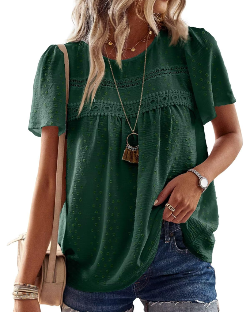 Grace Women's Boho Blouse – Lace Short Sleeve Round Neck Summer Tunic