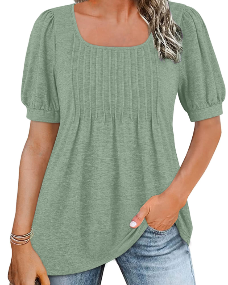 Olivia Women's Square Neck Tunic Top – Pleated Puff Sleeve Summer Blouse