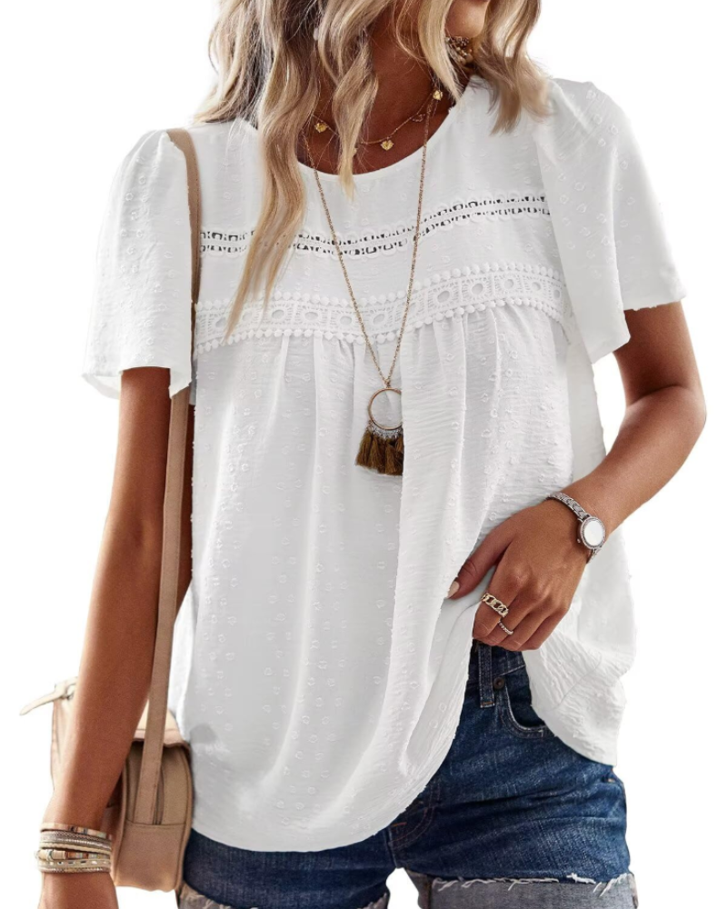 Grace Women's Boho Blouse – Lace Short Sleeve Round Neck Summer Tunic