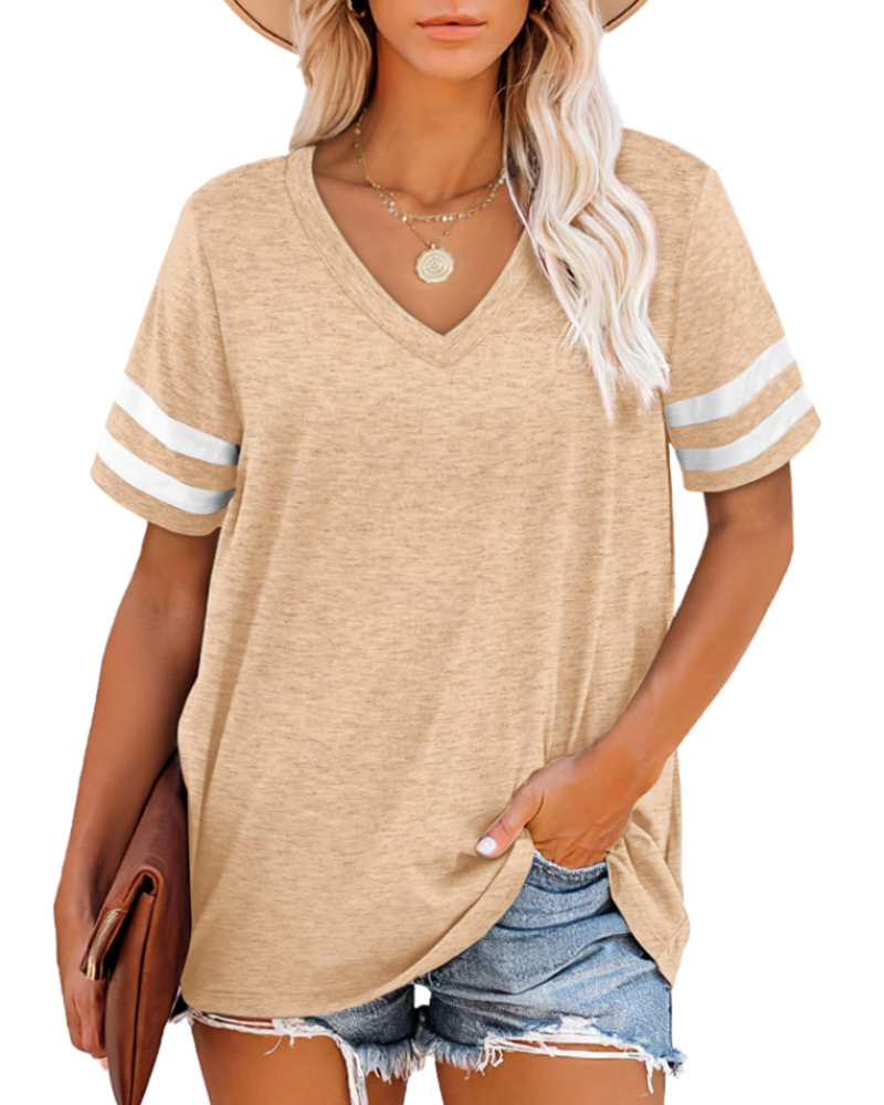 Chloe Women's V-Neck T-Shirt – Striped Sleeve Loose Fit Summer Top
