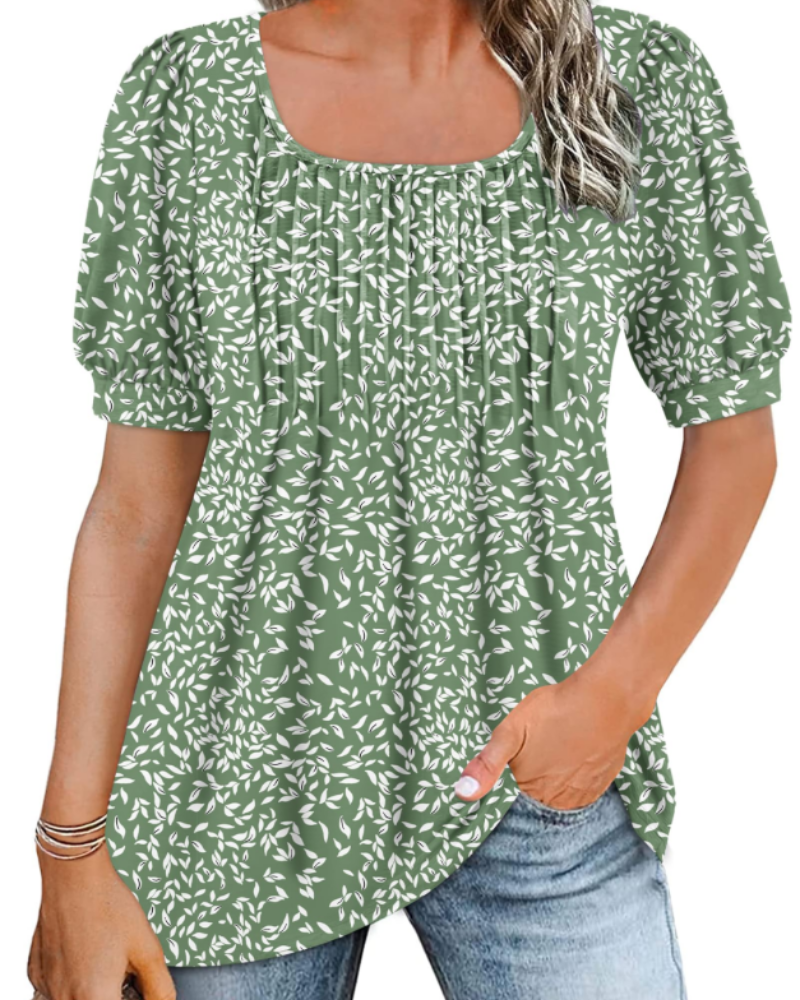 Olivia Women's Square Neck Tunic Top – Pleated Puff Sleeve Summer Blouse