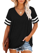 Chloe Women's V-Neck T-Shirt – Striped Sleeve Loose Fit Summer Top