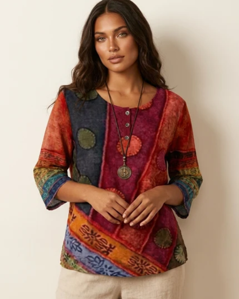 Aveline Women's Boho Blouse – Artistic Print Relaxed Fit Button Detail Top