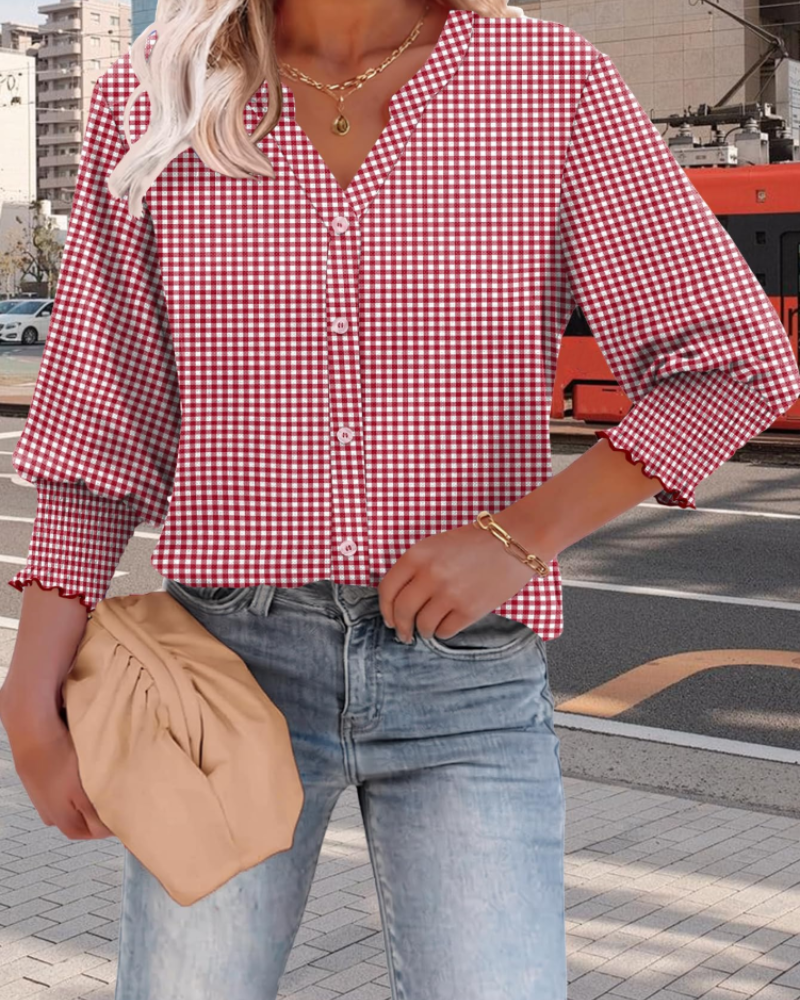 Vivienne Women's Button-Down Blouse – 3/4 Sleeve V-Neck Lightweight Office Shirt