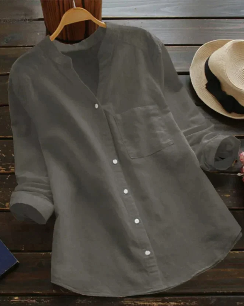 Rowena Women's V-Neck Blouse – Button-Up Roll Sleeve Casual Summer Shirt