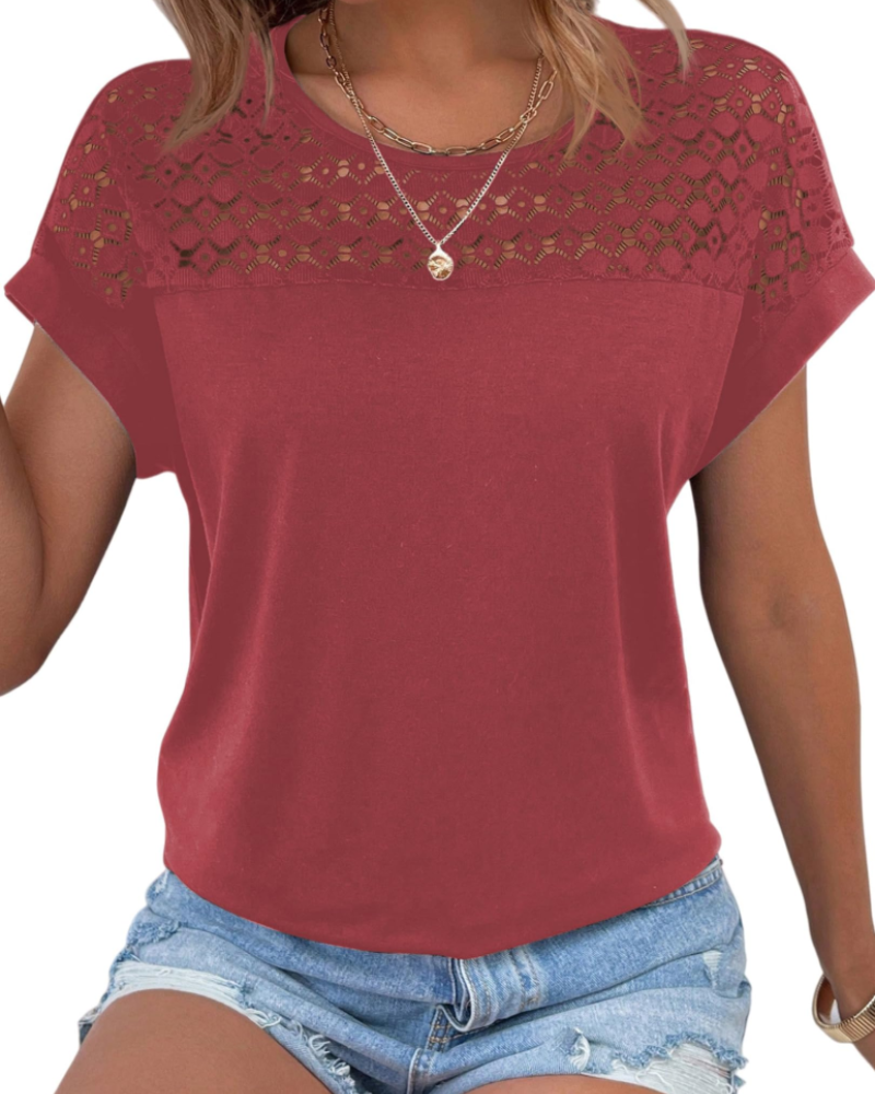 Emily Women's Lace T-Shirt – Elegant Round Neck Short Sleeve Summer Top