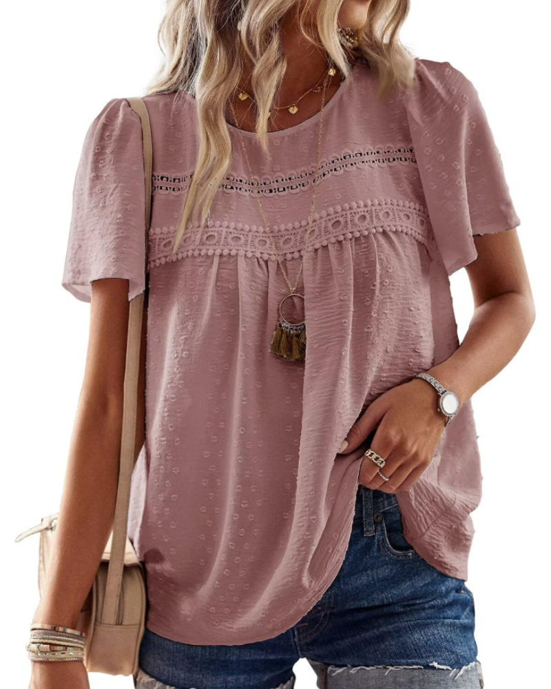 Grace Women's Boho Blouse – Lace Short Sleeve Round Neck Summer Tunic