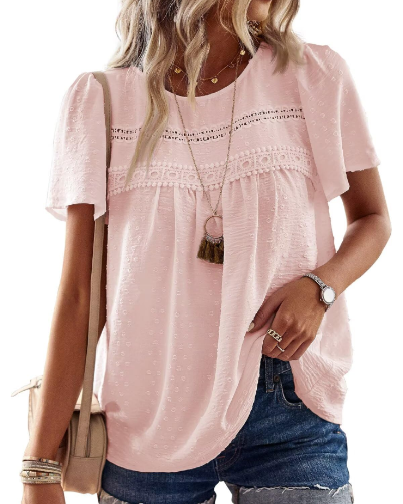 Grace Women's Boho Blouse – Lace Short Sleeve Round Neck Summer Tunic