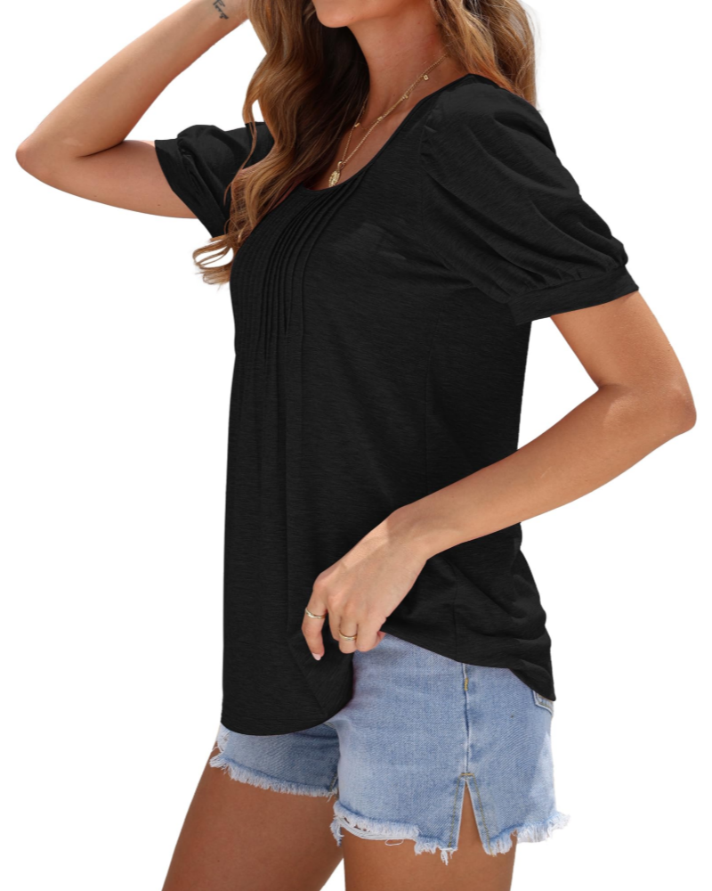 Olivia Women's Square Neck Tunic Top – Pleated Puff Sleeve Summer Blouse