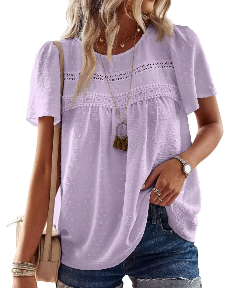 Grace Women's Boho Blouse – Lace Short Sleeve Round Neck Summer Tunic