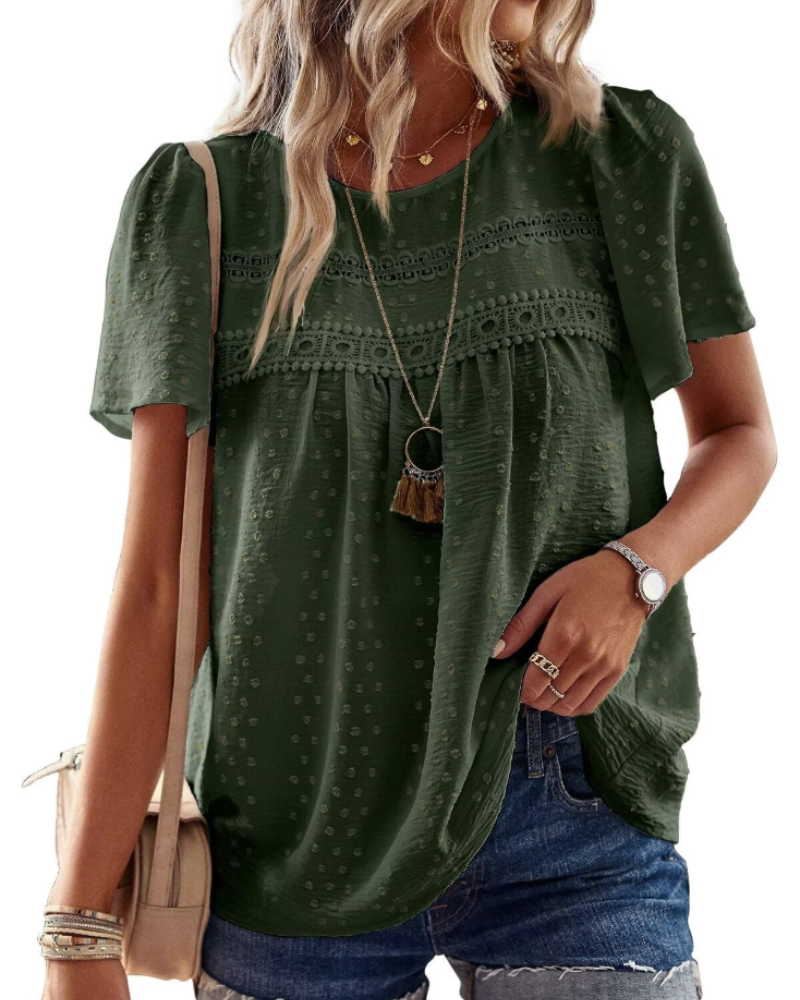 Grace Women's Boho Blouse – Lace Short Sleeve Round Neck Summer Tunic